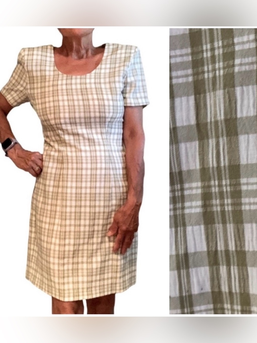 Vintage 80’s My Michelle Sheath Dress Tan White Plaid Shoulder Pads Mod Size 4